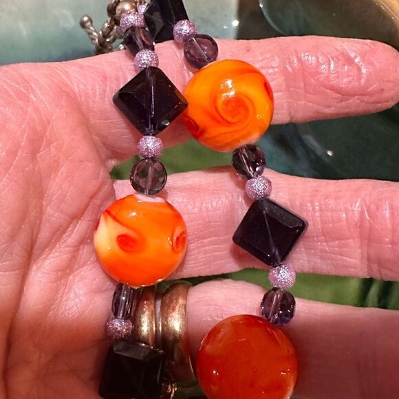 Handcrafted 7” Glass Lampwork Orange Beads & Black Glass Beads Toggle Closure - Picture 2 of 2